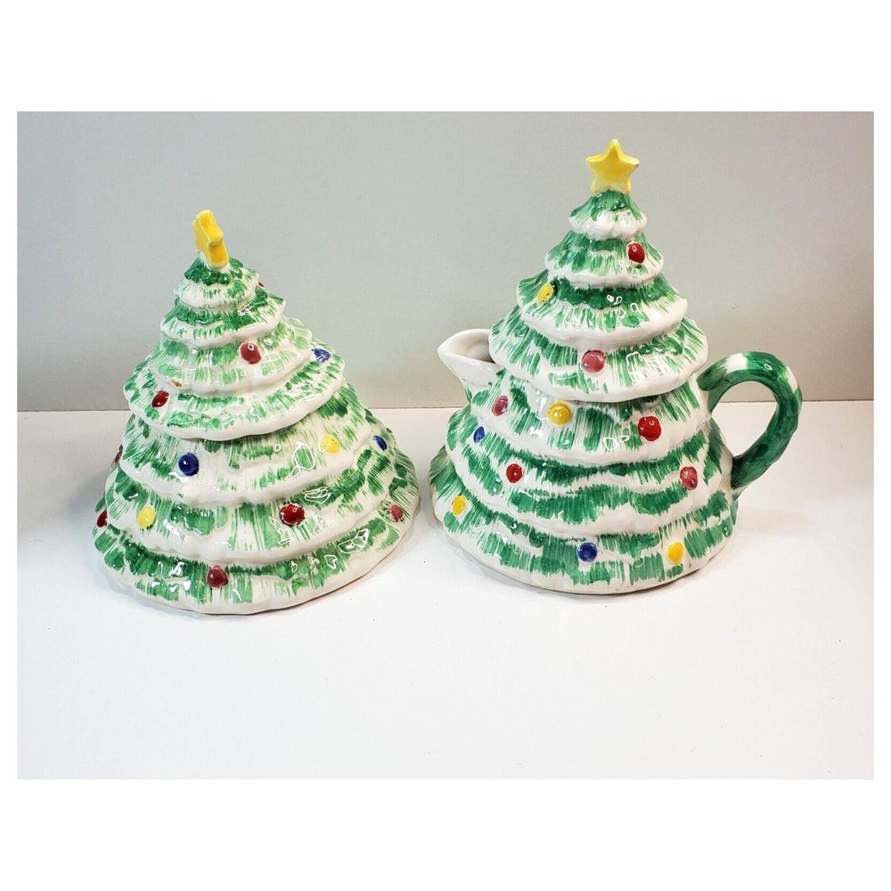 Vintage Christmas Tree Shaped Creamer and Sugar Bowl by Sigma Tastesetter 1983